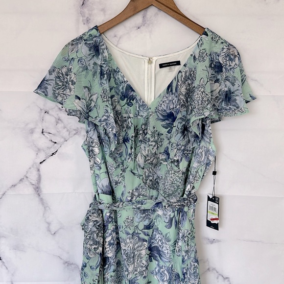 TOMMY HILFIGER Green Blue Floral Flutter Capelet Sleeve Midi Dress Size 18W - Picture 8 of 16